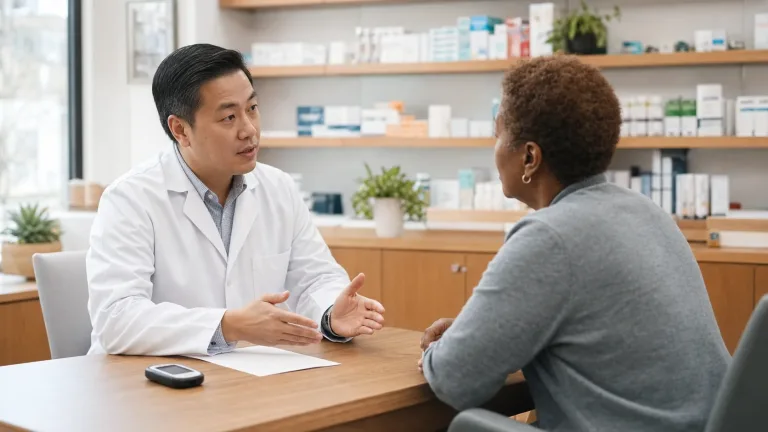 Community pharmacist discussing mealtime insulin options with an adult patient in a private pharmacy consultation area.