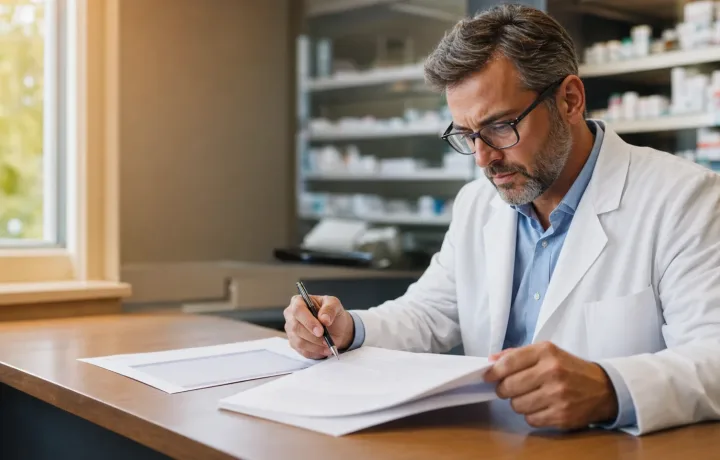 Independent pharmacist-owner reviewing a PBM contract at a community pharmacy