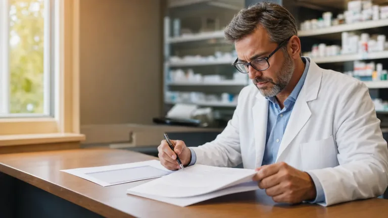 Independent pharmacist-owner reviewing a PBM contract at a community pharmacy