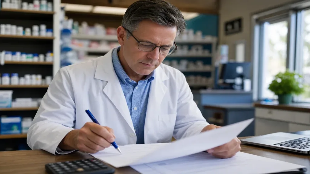 Independent pharmacy owner reviewing a PBM contract document in a community pharmacy.