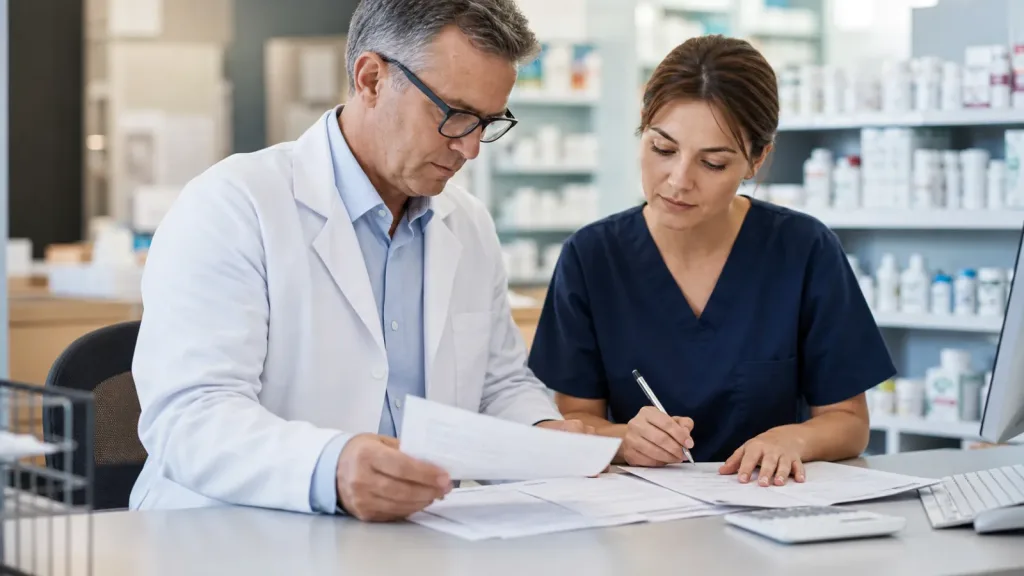 Pharmacist and pharmacy team member reviewing reimbursement records
