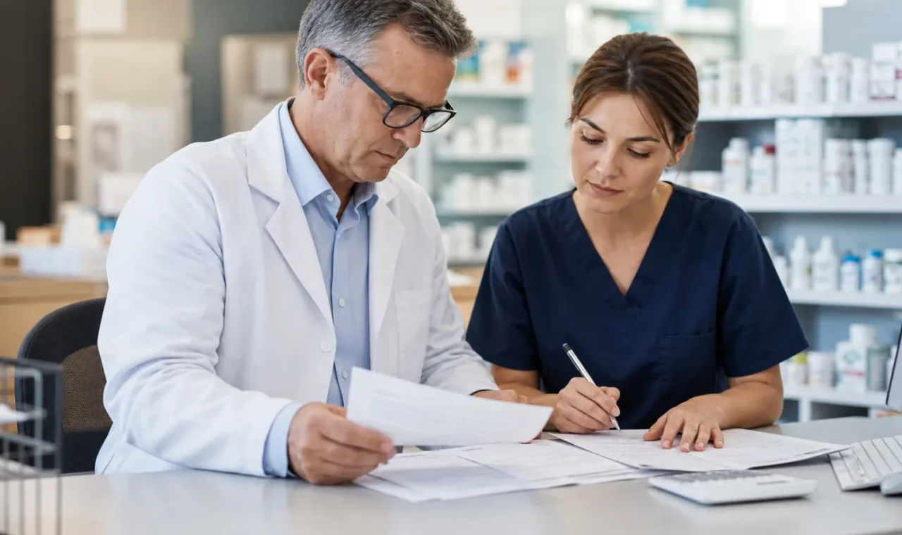 Pharmacist and pharmacy team member reviewing reimbursement records
