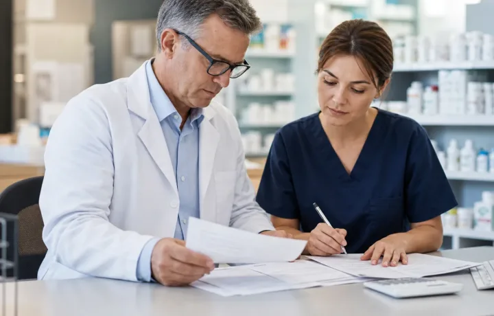 Pharmacist and pharmacy team member reviewing reimbursement records