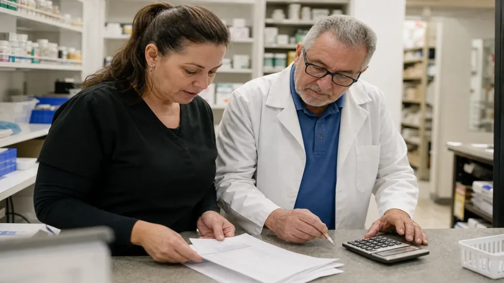 Pharmacy professionals comparing reimbursement records in an independent pharmacy.