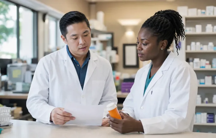 Pharmacy team reviewing a prior authorization request at an independent community pharmacy
