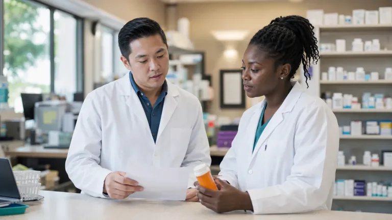 Pharmacy team reviewing a prior authorization request at an independent community pharmacy