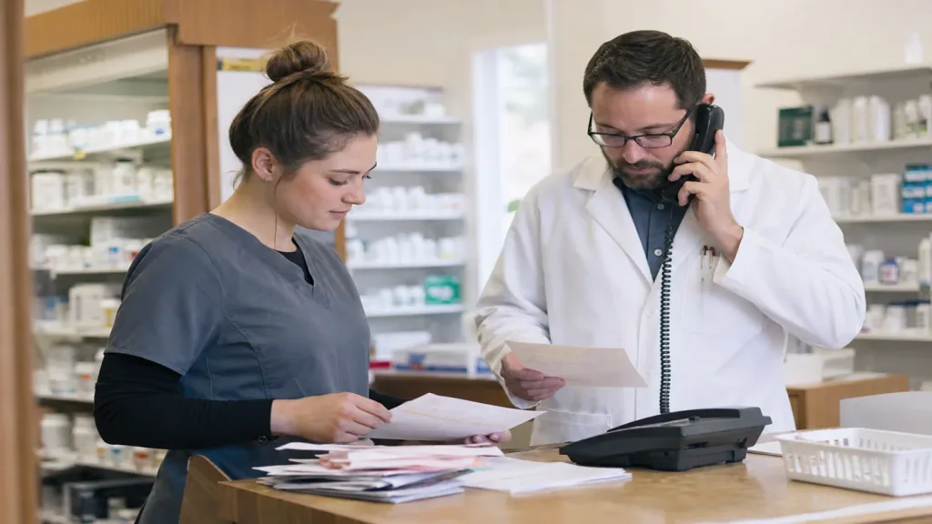 Pharmacy professionals organizing a prior-authorization workflow in an independent pharmacy.