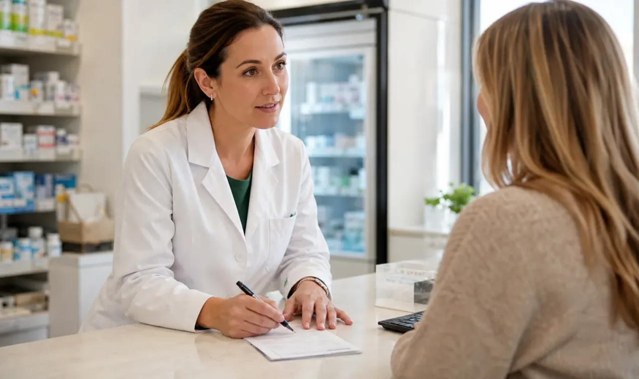 Pharmacist preparing for an adult vaccination consultation in a community pharmacy