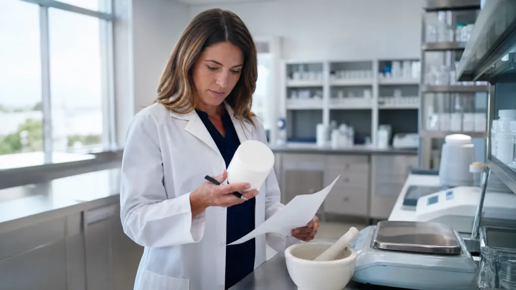 Pharmacist reviewing compounding ingredients and quality records in a community pharmacy
