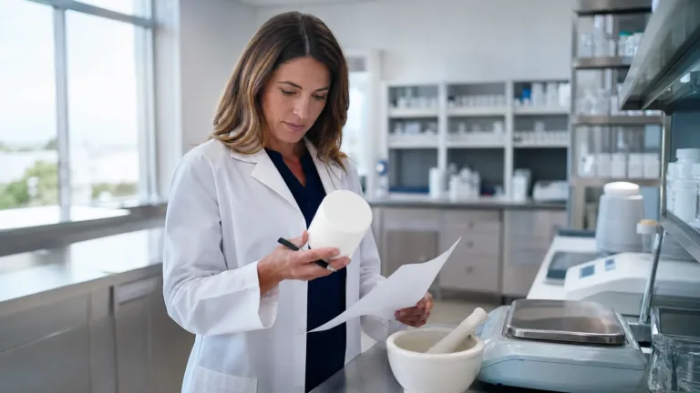 Pharmacist reviewing compounding ingredients and quality records in a community pharmacy