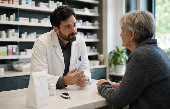 Pharmacist discussing diabetes medication access with an adult patient in a community pharmacy