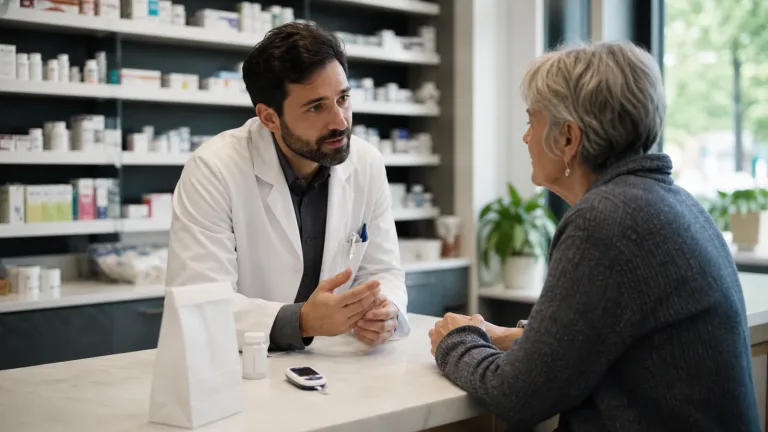 Pharmacist discussing diabetes medication access with an adult patient in a community pharmacy