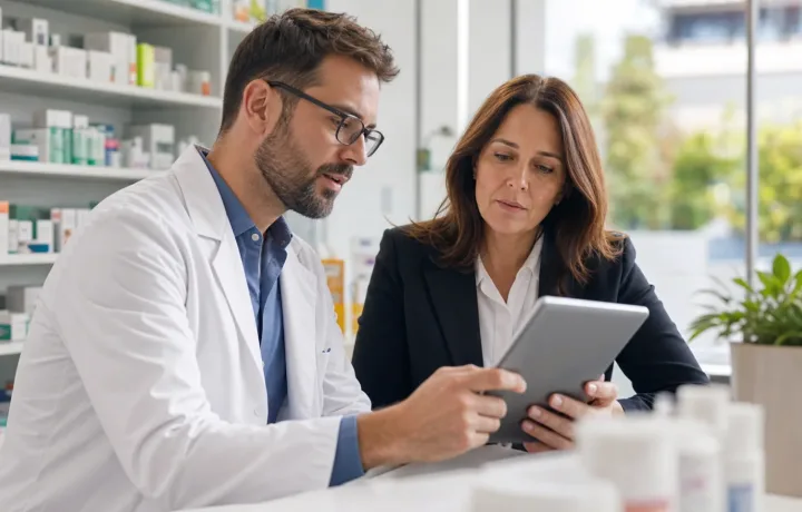 Pharmacist and pharmacy manager reviewing a digital health tool in a community pharmacy