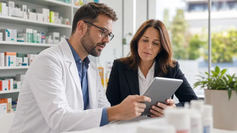 Pharmacist and pharmacy manager reviewing a digital health tool in a community pharmacy