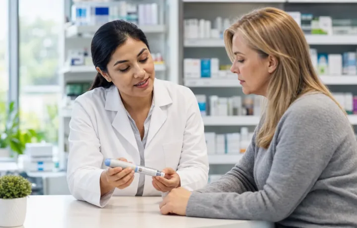 Pharmacist counseling an adult patient about an injectable medicine pen in a community pharmacy