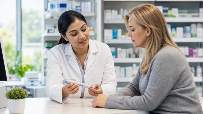 Pharmacist counseling an adult patient about an injectable medicine pen in a community pharmacy
