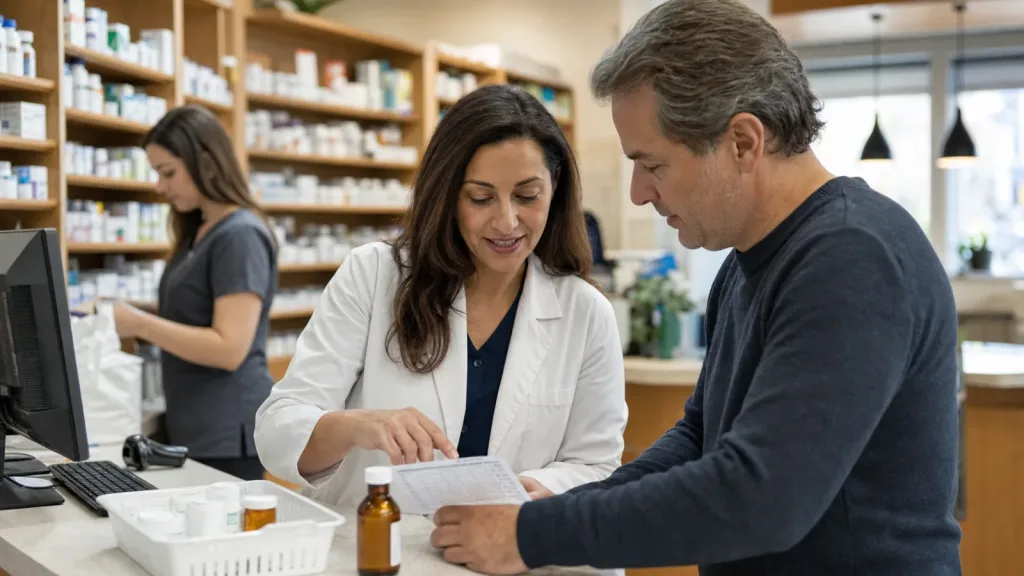 Pharmacist and patient reviewing a medication schedule at a community pharmacy