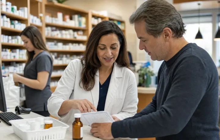 Pharmacist and patient reviewing a medication schedule at a community pharmacy