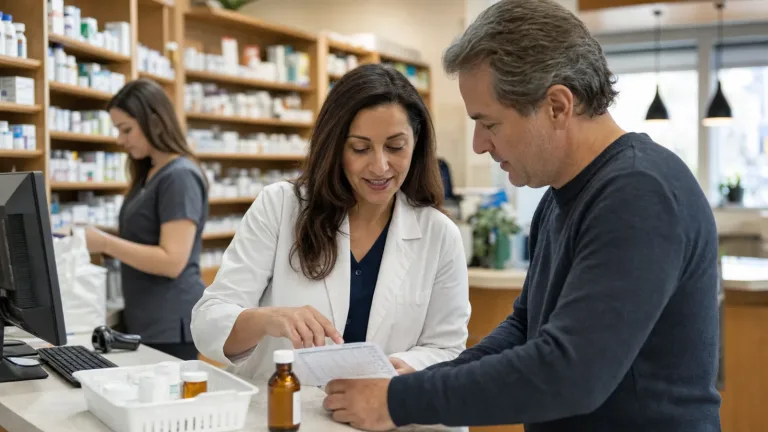 Pharmacist and patient reviewing a medication schedule at a community pharmacy