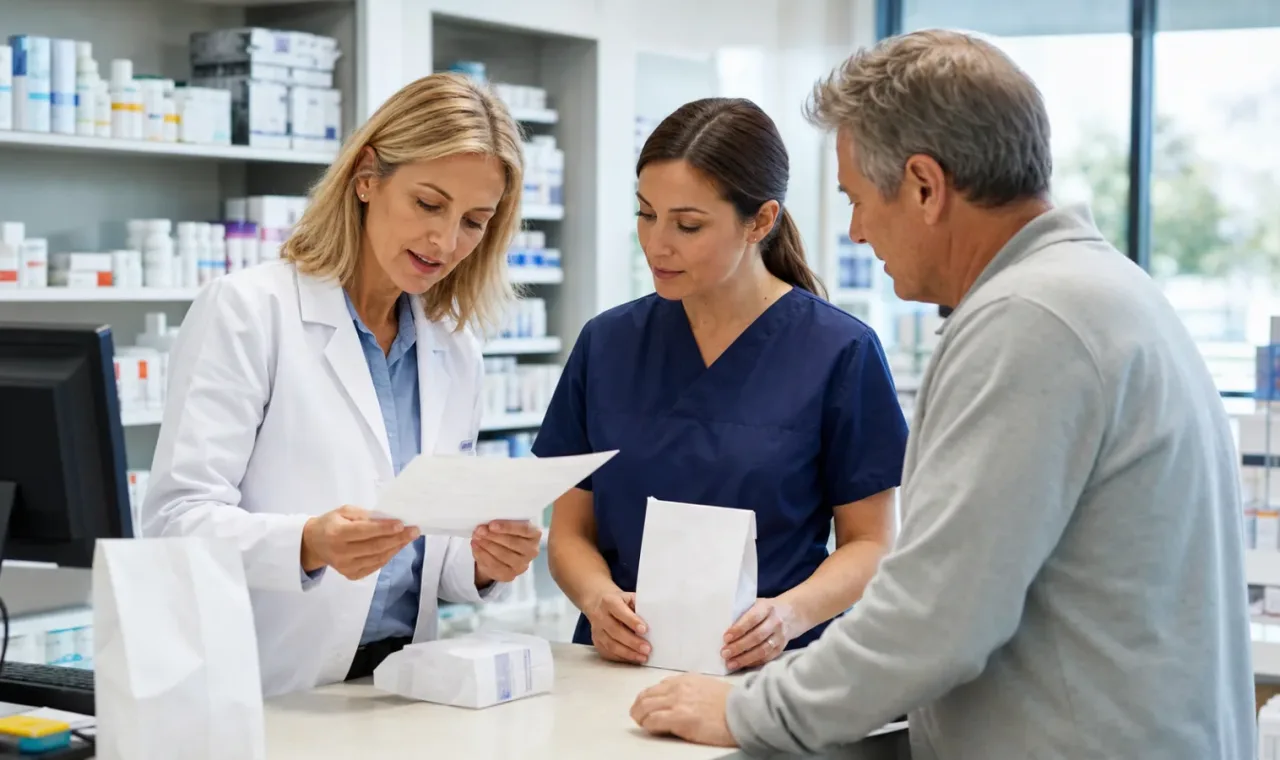 Pharmacy team and patient reviewing a medication synchronization pickup plan