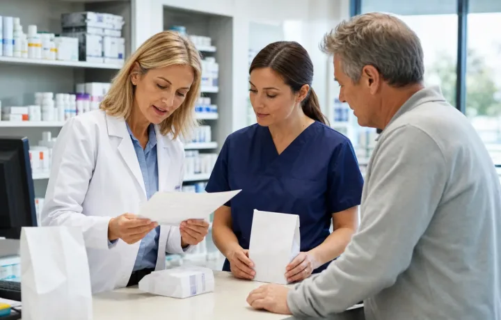 Pharmacy team and patient reviewing a medication synchronization pickup plan