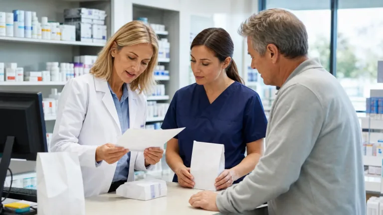 Pharmacy team and patient reviewing a medication synchronization pickup plan