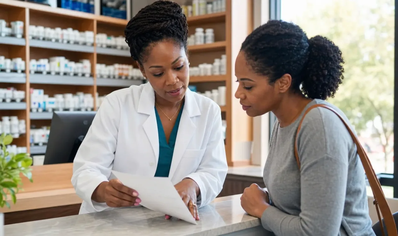 Pharmacist and patient reviewing medication information during a community pharmacy consultation