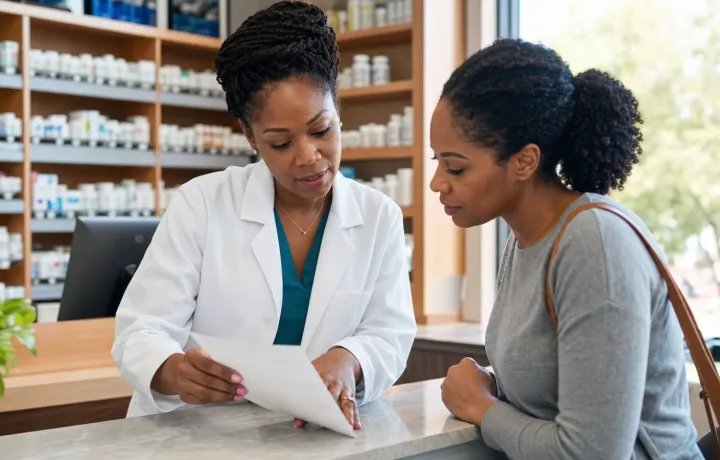Pharmacist and patient reviewing medication information during a community pharmacy consultation