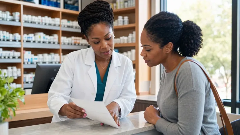 Pharmacist and patient reviewing medication information during a community pharmacy consultation