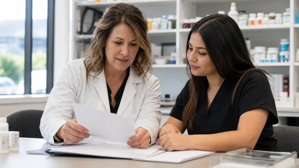 Pharmacist and pharmacy coordinator reviewing a specialty pharmacy referral