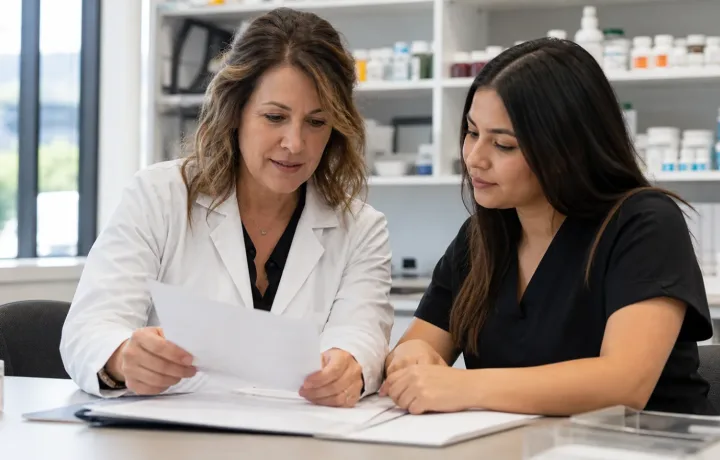 Pharmacist and pharmacy coordinator reviewing a specialty pharmacy referral