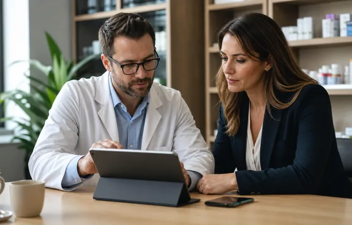 Pharmacist and benefits specialist reviewing a specialty medication access case