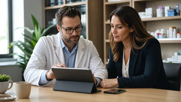 Pharmacist and benefits specialist reviewing a specialty medication access case