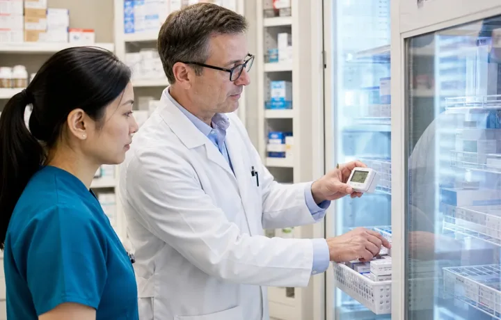 Pharmacy team reviewing a vaccine refrigerator temperature monitor and organized inventory