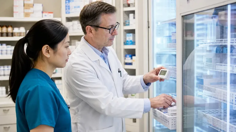 Pharmacy team reviewing a vaccine refrigerator temperature monitor and organized inventory