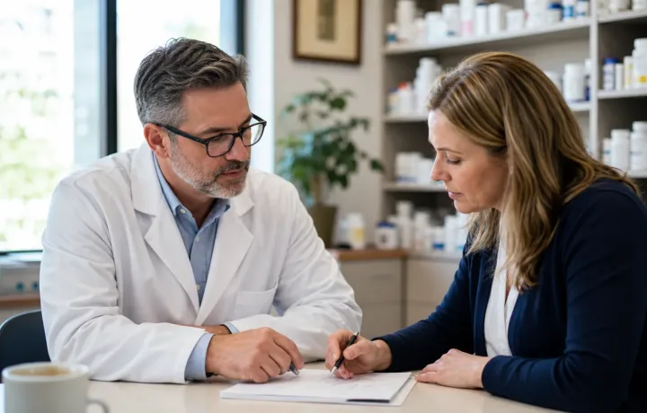 Pharmacist and pharmacy owner reviewing a patient-care workflow in an independent pharmacy