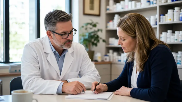Pharmacist and pharmacy owner reviewing a patient-care workflow in an independent pharmacy