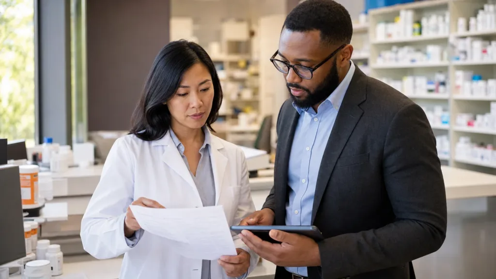 Community pharmacist and health-center professional reviewing 340B compliance documents in an independent pharmacy.