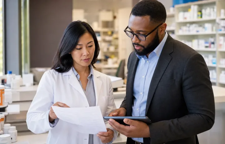 Community pharmacist and health-center professional reviewing 340B compliance documents in an independent pharmacy.