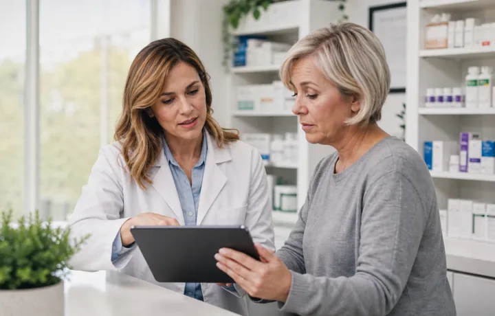 Pharmacist and pharmacy owner reviewing a technology workflow in a community pharmacy