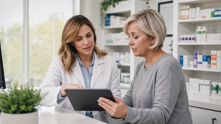 Pharmacist and pharmacy owner reviewing a technology workflow in a community pharmacy