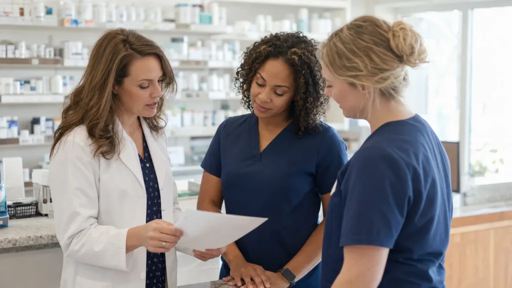 Community pharmacist meeting with an adult patient in a private independent pharmacy consultation area.