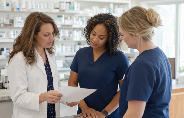 Community pharmacist meeting with an adult patient in a private independent pharmacy consultation area.