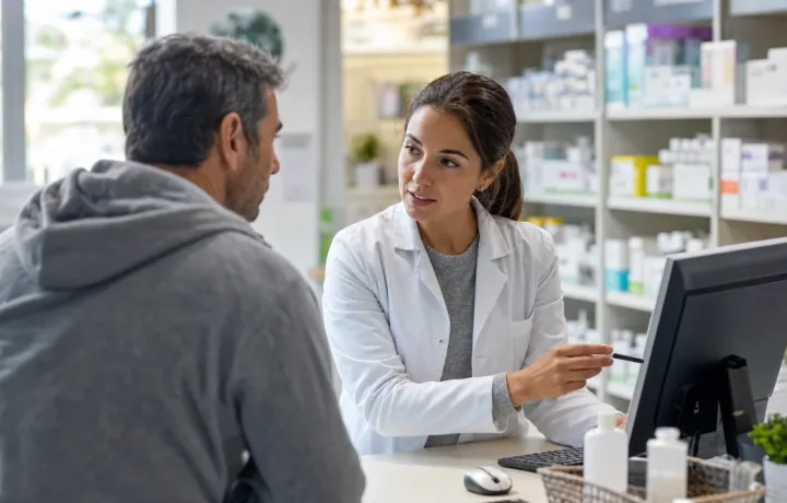 Community pharmacist explaining a medication supply update to a patient in an independent pharmacy.