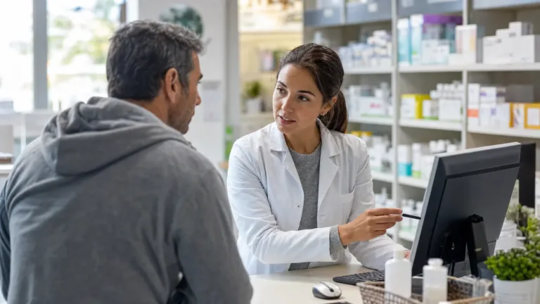 Community pharmacist explaining a medication supply update to a patient in an independent pharmacy.