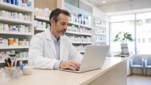 Community pharmacist reviewing a local service page on a laptop in an independent pharmacy.