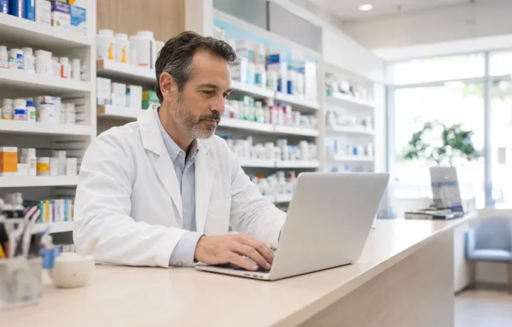 Community pharmacist reviewing a local service page on a laptop in an independent pharmacy.