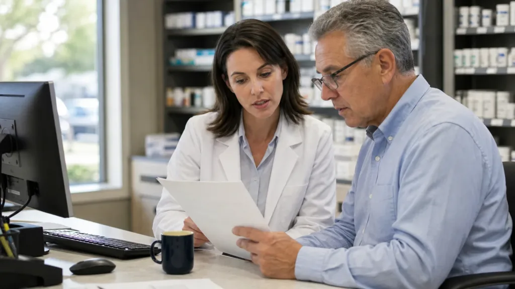 Pharmacist and pharmacy owner reviewing a cybersecurity readiness checklist in a community pharmacy