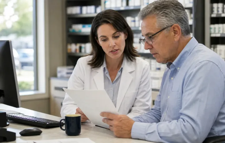 Pharmacist and pharmacy owner reviewing a cybersecurity readiness checklist in a community pharmacy
