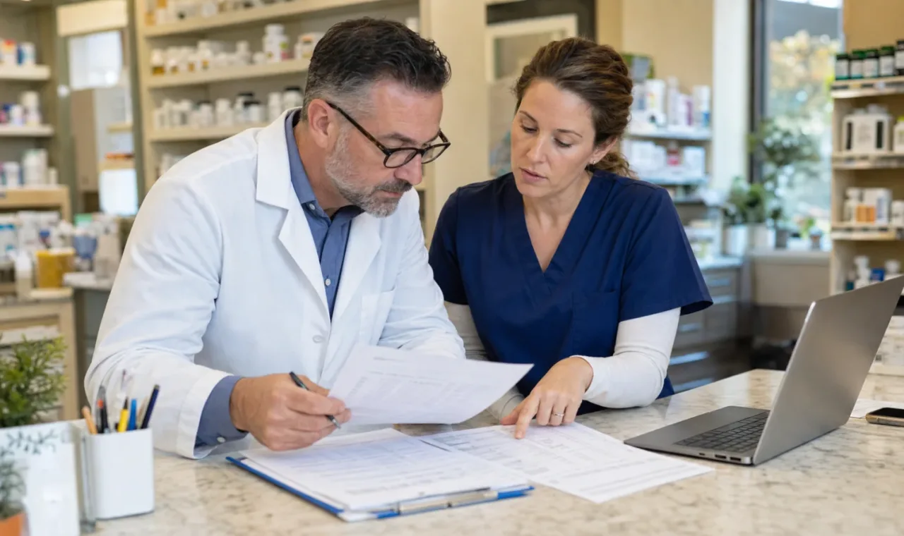 Independent pharmacy professionals reviewing inventory and financial records at a community pharmacy counter.
